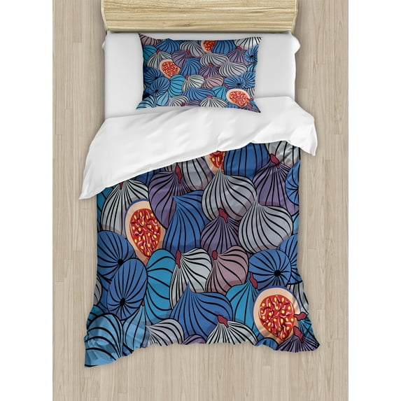Ambesonne Fruit Duvet Cover Sets, Fig Fruits Pattern Spring, 2-Twin, Blue Purple Grey