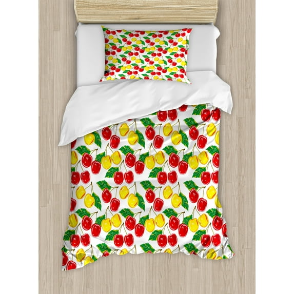 Ambesonne Fruit Duvet Cover Sets, Graphic Colored Cherries, 2-Twin, Red Yellow Green