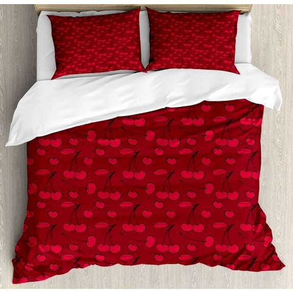 Ambesonne Fruit Duvet Cover Sets, Repeated Reddish Cherries, 2-Queen, Ruby and Dark Pink