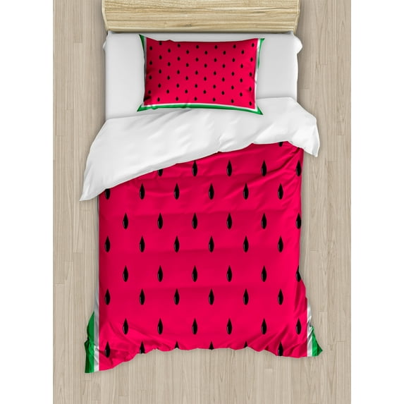 Ambesonne Fruit Duvet Cover Sets, Square Watermelon Slice, 2-Twin, Pink Fern Green