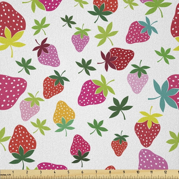 Ambesonne Fruit Fabric by the Yard Microfiber, Cartoon Strawberries, 3 Yards, Pink Mustard