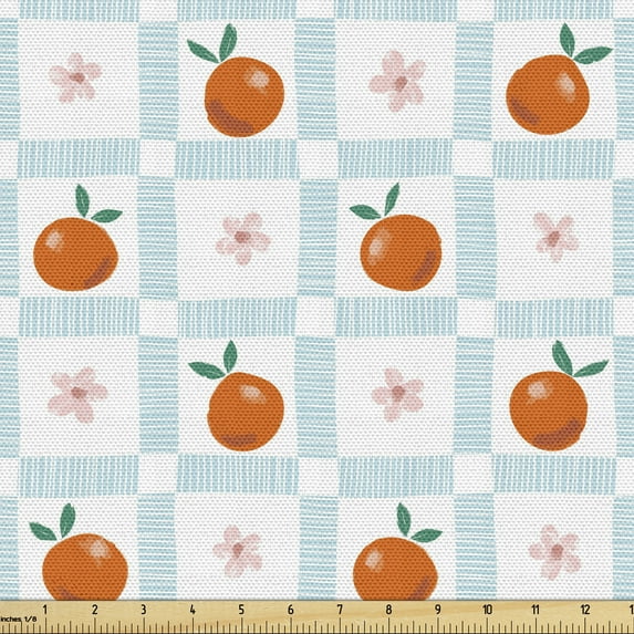 Ambesonne Fruit Fabric by the Yard Upholstery, Oranges Blush Blossom Flower, 2 Yards, Pale Vermilion Pale Blue