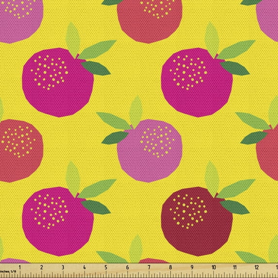 Ambesonne Fruit Fabric by the Yard Upholstery, Pinkish Apples and Leaves, 3 Yards, Yellow Pink and Magenta