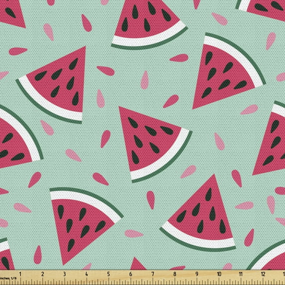 Ambesonne Fruit Fabric by the Yard Upholstery, Pop Art Watermelon Slices, 1 Yard, Almond Green Dark Coral
