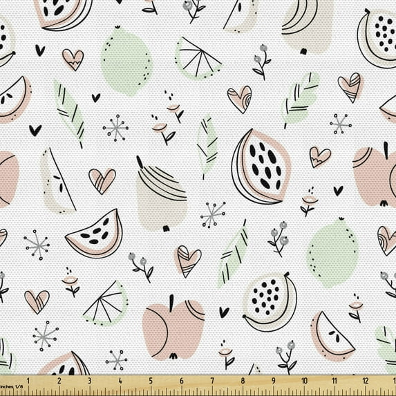 Ambesonne Fruit Fabric by the Yard Upholstery, Soft Toned Apples and Lemons, 2 Yards, Coral Mint Green White