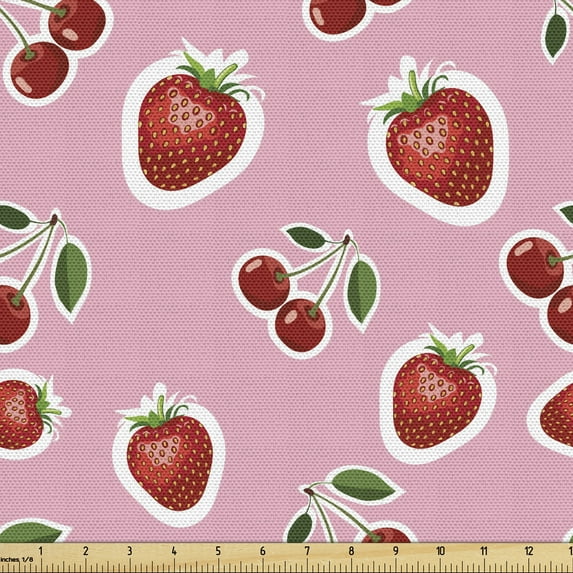 Ambesonne Fruit Fabric by the Yard Upholstery, Strawberries and Cherries, 1 Yard, Pale Pink Fern Green