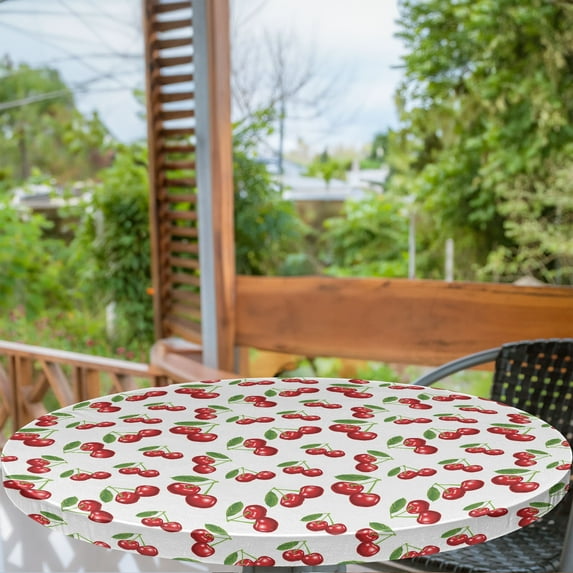 Ambesonne Fruit Fitted Round Tablecloth, Cherry Fruit Pattern, 36"- 40" Diameter, White Vermilion Green