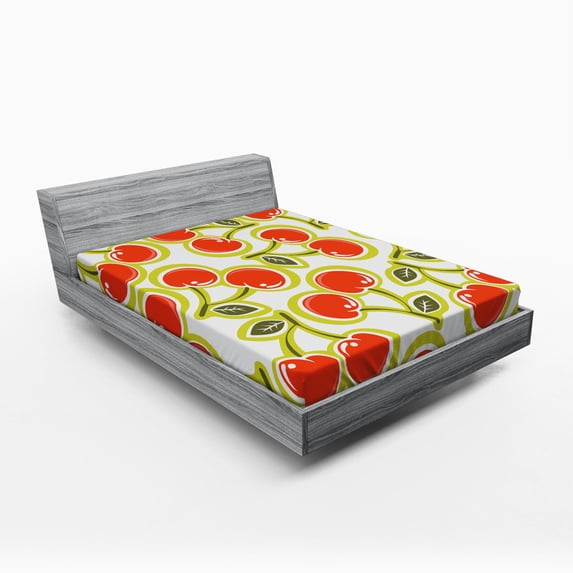 Ambesonne Fruit Fitted Sheet, Cherry and Leaves Pattern, Full Size, Apple Green Red White
