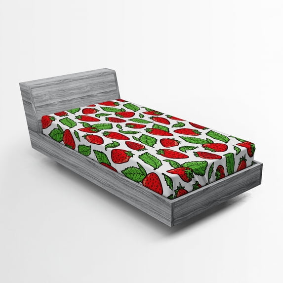Ambesonne Fruit Fitted Sheet, Juicy Strawberries Leaves, Twin XL Size, Red Fern Green