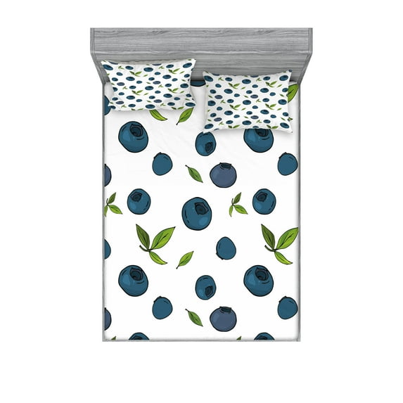 Ambesonne Fruit Fitted Sheet & Pillow Sham Set, Blueberry Drawing Leaves Art, King, Petrol Blue White Green
