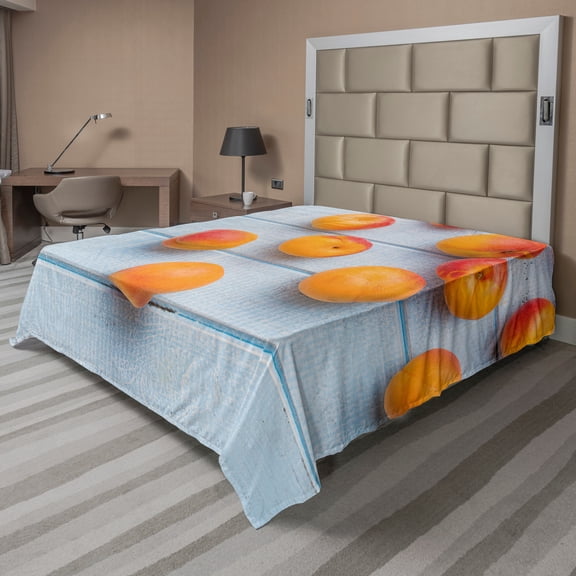 Ambesonne Fruit Flat Sheet, Apricots on Blue Wooden Table, California King, Pale Blue and Apricot