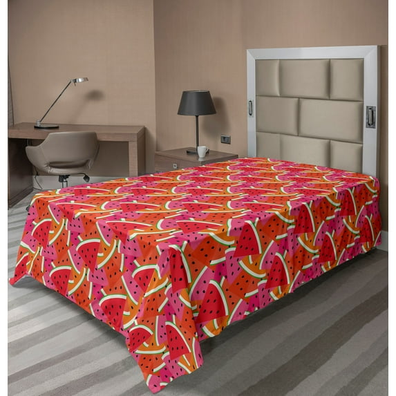 Ambesonne Fruit Flat Sheet, Cartoon Art Watermelon Slices, TwinXL Size, Multicolor