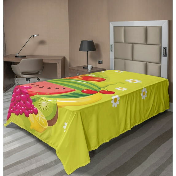 Ambesonne Fruit Flat Sheet, Cartoon Natural Food Daisies, TwinXL Size, Yellow Green Multicolor