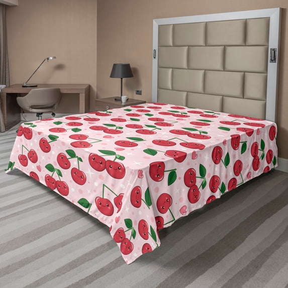 Ambesonne Fruit Flat Sheet, Funny Kawaii Cherries Design, Queen Size, Pale Pink Ruby Green