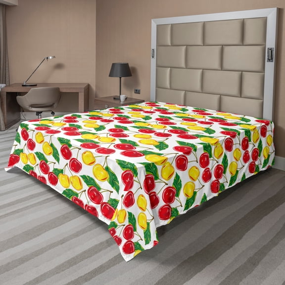 Ambesonne Fruit Flat Sheet, Graphic Colored Cherries, Full Size, Red Yellow Green