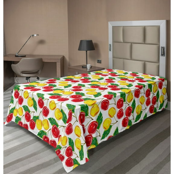 Ambesonne Fruit Flat Sheet, Graphic Colored Cherries, Twin Size, Red Yellow Green
