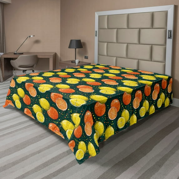 Ambesonne Fruit Flat Sheet, Hand Drawn Oranges and Lemons, Full Size, Dark Teal Multicolor