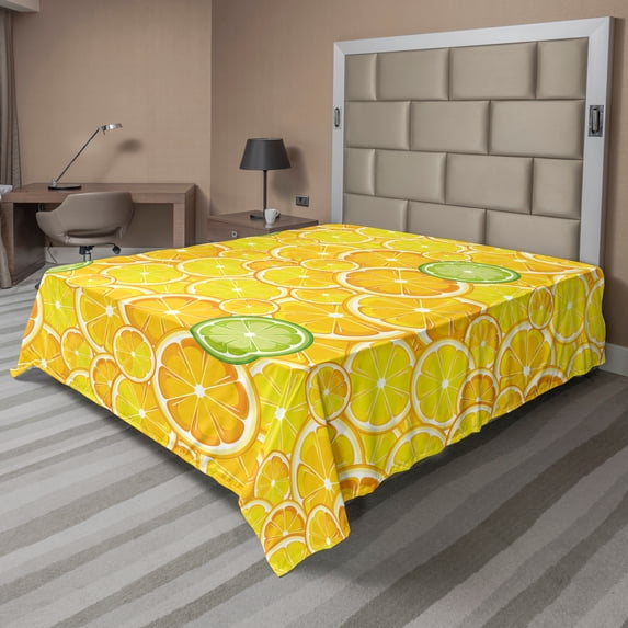 Ambesonne Fruit Flat Sheet, Lemon Orange Circles, Queen Size, Yellow White and Green