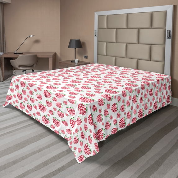 Ambesonne Fruit Flat Sheet, Raspberries Pattern, King Size, Dark Coral Fern Green