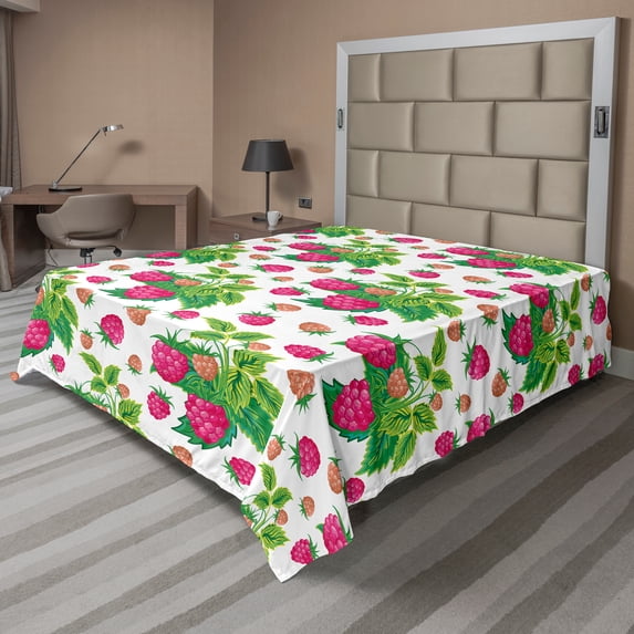 Ambesonne Fruit Flat Sheet, Raspberries and Green Leaves, King Size, Green Magenta