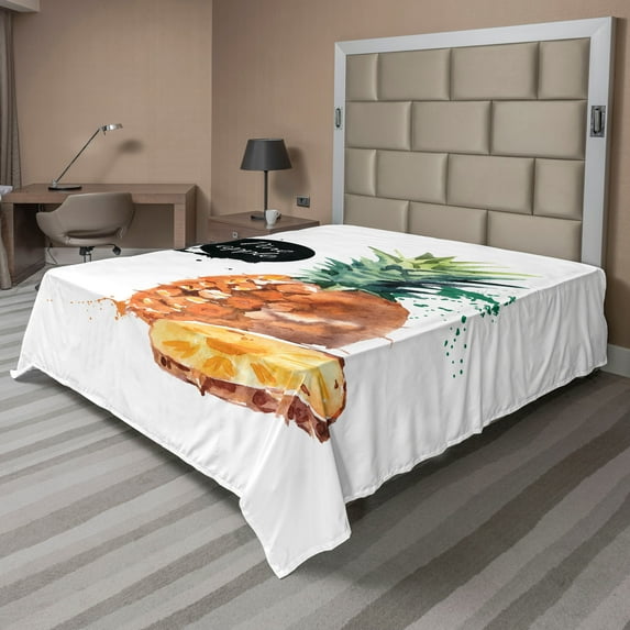 Ambesonne Fruit Flat Sheet, Sketch Hawaii Pineapple, California King, Brown Reseda Green Black