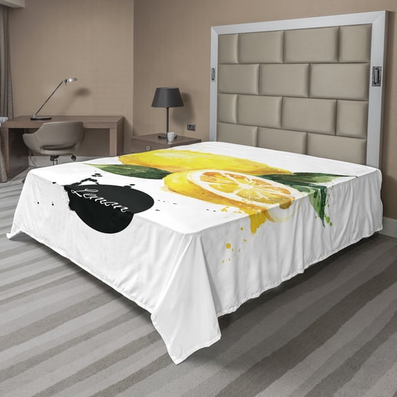 Ambesonne Fruit Flat Sheet, Sour Citrus Lemon Design, California King, Green Yellow and Black