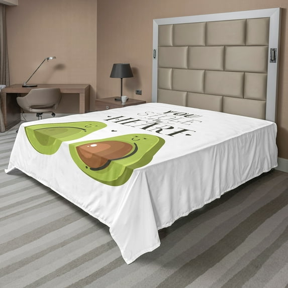 Ambesonne Fruit Flat Sheet, Valentines Day Lover Avocados, Queen Size, Apple Green Caramel and White