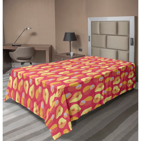 Ambesonne Fruit Flat Sheet, Warm Tone Pear Fruits Pattern, Twin Size, Dark Coral and Pale Orange