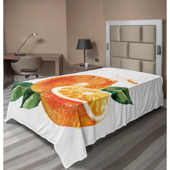 Ambesonne Fruit Flat Sheet, Watercolor Orange Art Print, TwinXL Size, Fern Green and Marigold