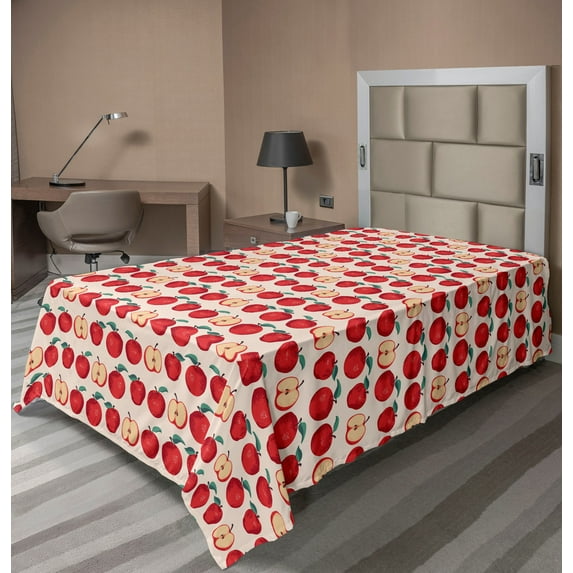 Ambesonne Fruit Flat Sheet, Whole and Half Sliced Apples, TwinXL Size, Pale Eggshell Multicolor