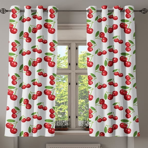 Ambesonne Fruit Grommet Curtain, Cherry Fruit Pattern, 50" x 63", White Vermilion Green