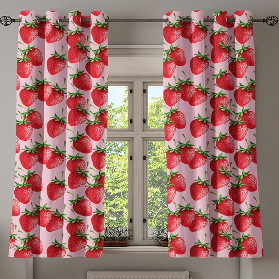 Ambesonne Fruit Grommet Curtain, Juicy Strawberries Summer, 50" x 63", Green Pink Red
