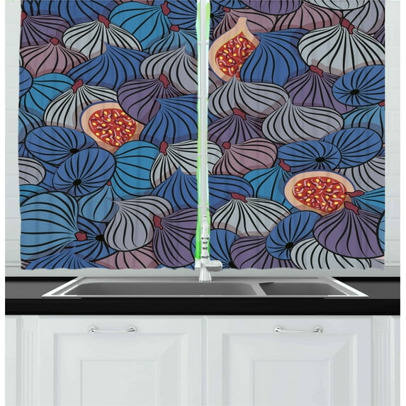 Ambesonne Fruit Kitchen Curtains, Fig Fruits Pattern Spring, 55"x45", Blue Purple Grey
