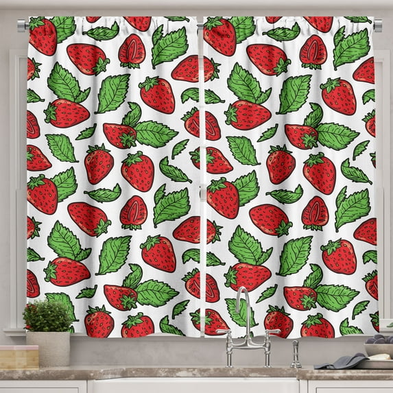 Ambesonne Fruit Kitchen Curtains, Juicy Strawberries Leaves, 55"x45", Red Fern Green