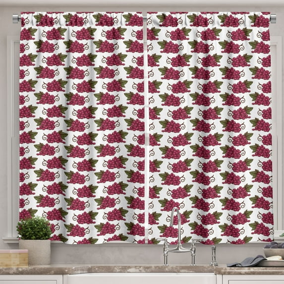 Ambesonne Fruit Kitchen Curtains, Repetitive Red Grapes Motif, 55"x45", Raspberry Green and Burgundy