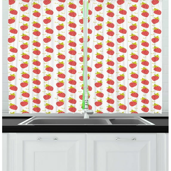 Ambesonne Fruit Kitchen Curtains, Summer Coral Strawberries, 55"x45", Yellow Green Coral White