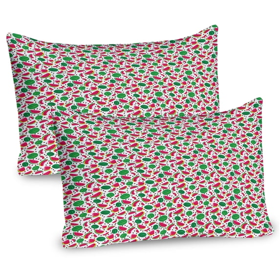 Ambesonne Fruit Pillow Sham 2 Pack, Watermelon Slices and Kernels, 26"x20", White Hot Pink and Green