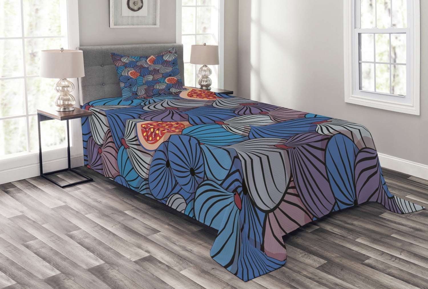 Gray and Blue Fig Pattern Twin Quilted Bedspread Set