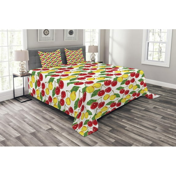 Ambesonne Fruit Quilted Bedspread Set 3 Pcs, Graphic Colored Cherries, King Size, Red Yellow Green