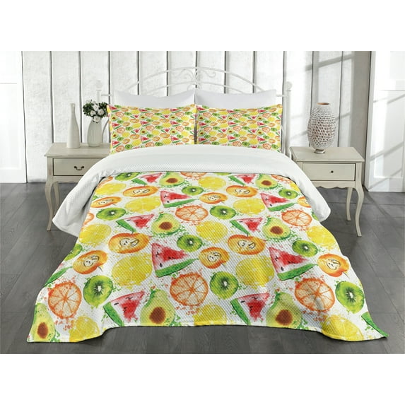 Ambesonne Fruit Quilted Bedspread Set 3 Pcs, Watermelon Kiwi Avocado, Queen Size, Multicolor