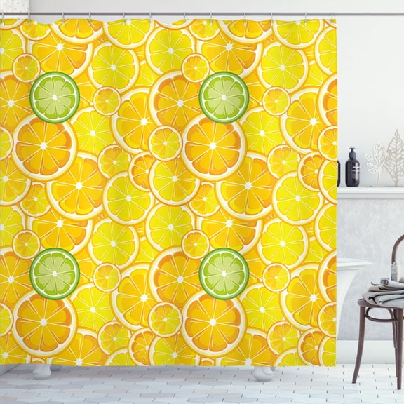 Ambesonne Fruit Shower Curtain, Lemon Orange Circles, 69"Wx75"L, Yellow White and Green