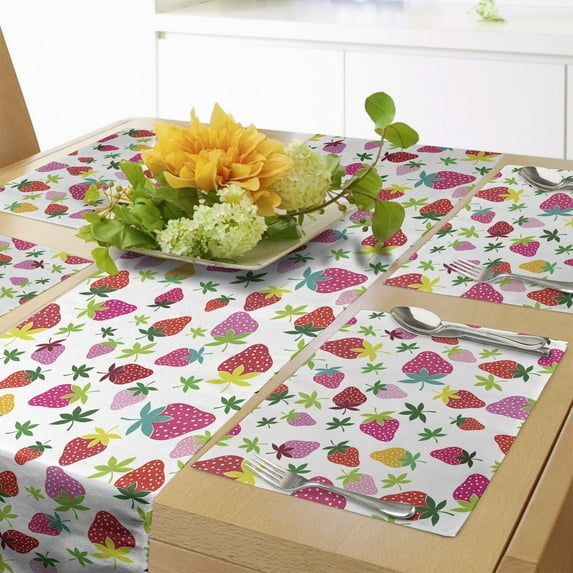 Ambesonne Fruit Table Runner & Placemats, Cartoon Strawberries, Placemat 4 pcs + Runner 12"x90", Pink Mustard