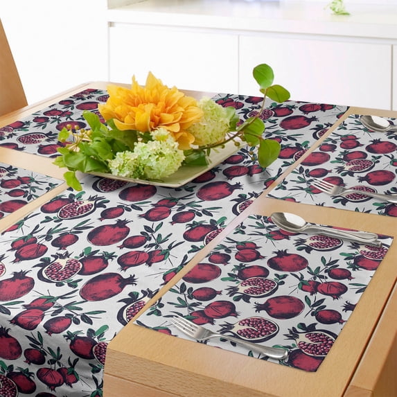 Ambesonne Fruit Table Runner & Placemats, Cut and Whole Pomegranates, Placemat 4 pcs + Runner 12"x72", Pale Grey Maroon Green