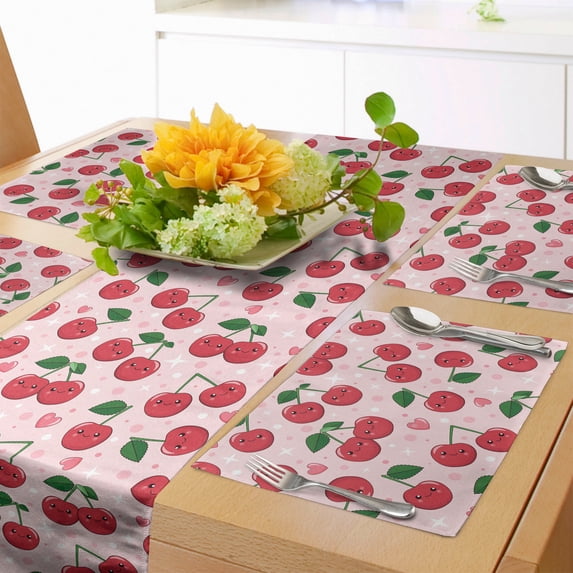 Ambesonne Fruit Table Runner & Placemats, Funny Kawaii Cherries Design, Placemat 4 pcs + Runner 16"x72", Pale Pink Ruby Green
