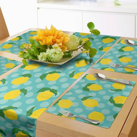 Ambesonne Fruit Table Runner & Placemats, Lemons Citrus Polka Dots Art, Placemat 4 pcs + Runner 14"x90", Yellow Fern Green