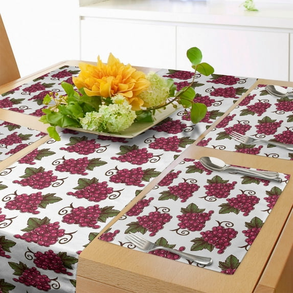 Ambesonne Fruit Table Runner & Placemats, Repetitive Red Grapes Motif, Placemat 4 pcs + Runner 12"x90", Raspberry Green and Burgundy