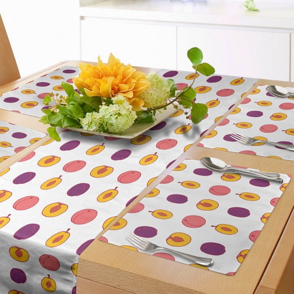 Ambesonne Fruit Table Runner & Placemats, Tasty Food Choices Plum Peach, Placemat 4 pcs + Runner 14"x72", White Dark Magenta