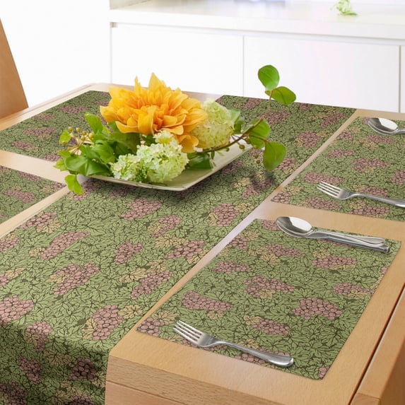 Ambesonne Fruit Table Runner & Placemats, Vintage Grape Bunches Leaves, Placemat 4 pcs + Runner 16"x72", Green Brown