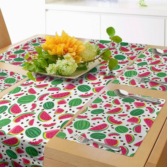 Ambesonne Fruit Table Runner & Placemats, Watermelon Slices and Kernels, Placemat 4 pcs + Runner 14"x72", White Hot Pink and Green