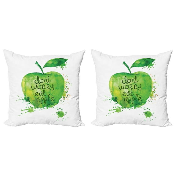 Ambesonne Fruit Throw Pillow Cover 2 Pack, Dont Worry Eat Apple, 18", Apple Green White